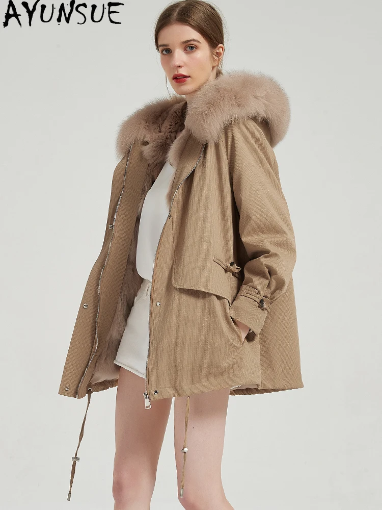 AYUNSUE Real Fur Parka Women 2025 Rex Rabbit Liner Detachable Warm Womens Coats Winter Clothes Fox Fur Collar Шуба Женская