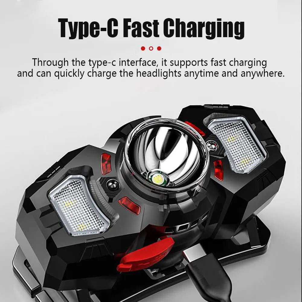 Мощный светодиодный + COB налобный фонарь 800 мАч TYPE-C с перезаряжаемым датчиком, миниатюрный Головной фонарь, водонепроницаемый Передний фонарь для кемпинга и рыбалки