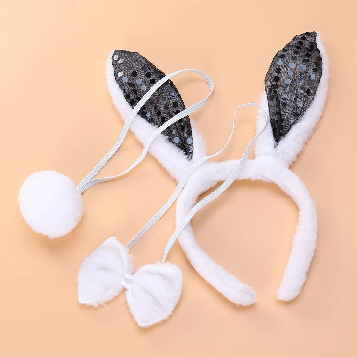 3개 세트 토끼 귀 머리띠 꼬리 나비넥타이 세트 어린이 생일 파티 의상 액세서리 검정 토끼 귀 머리띠 나비넥타이