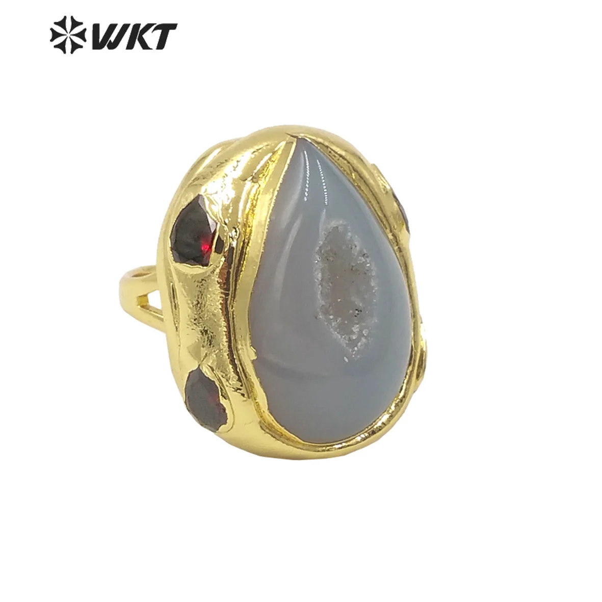 

WT-R500 Natural Geode Agate And Zircon Paved With18k Gold Plated Waterdrop Shape Stone Big Rings Fine Jewelry Decorated