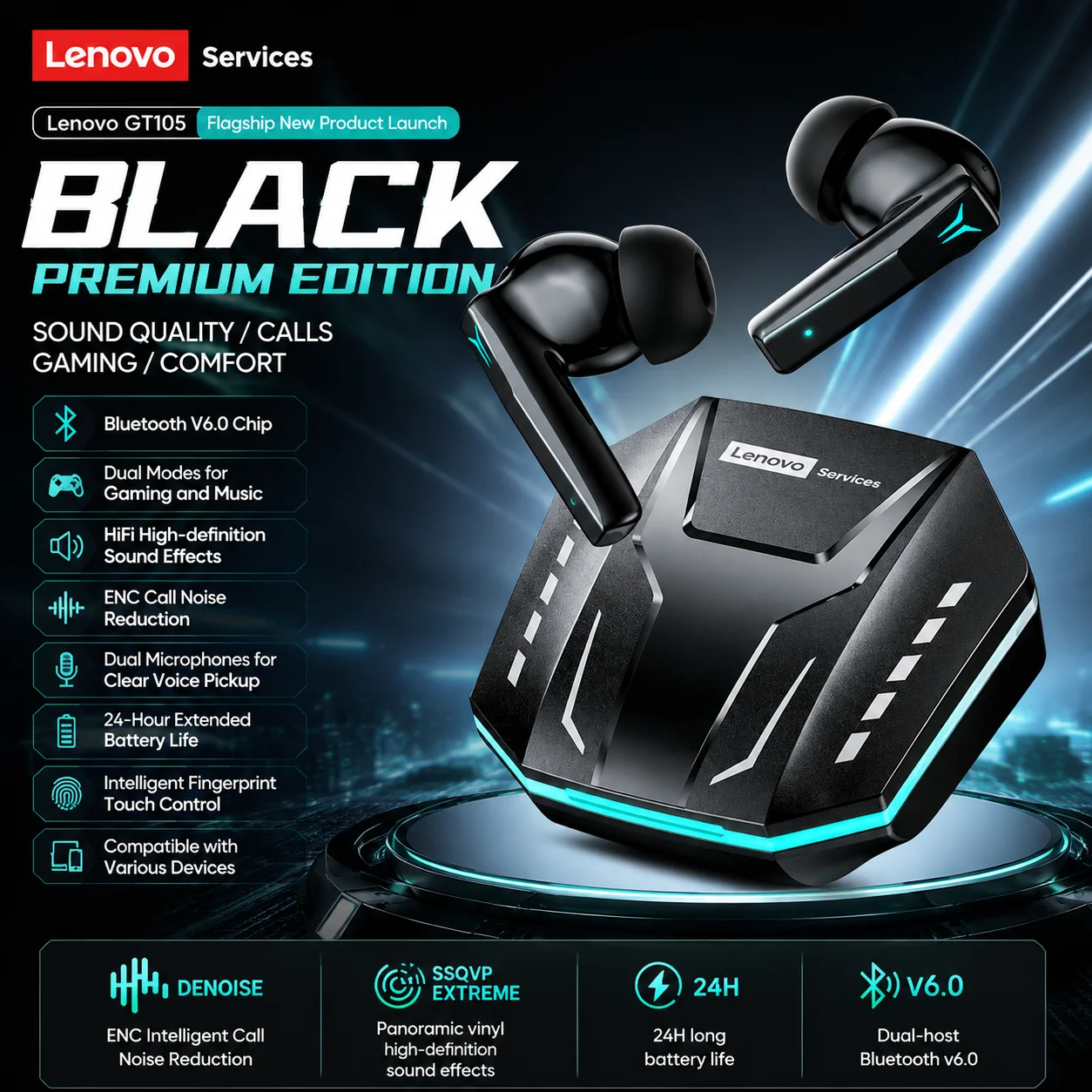 Lenovo GT105 – écouteurs de jeu Bluetooth 6.0, sans fil, éclairage RGB, oreillettes Esports, latence ultra-faible, autonomie de 24 heures, cadeau