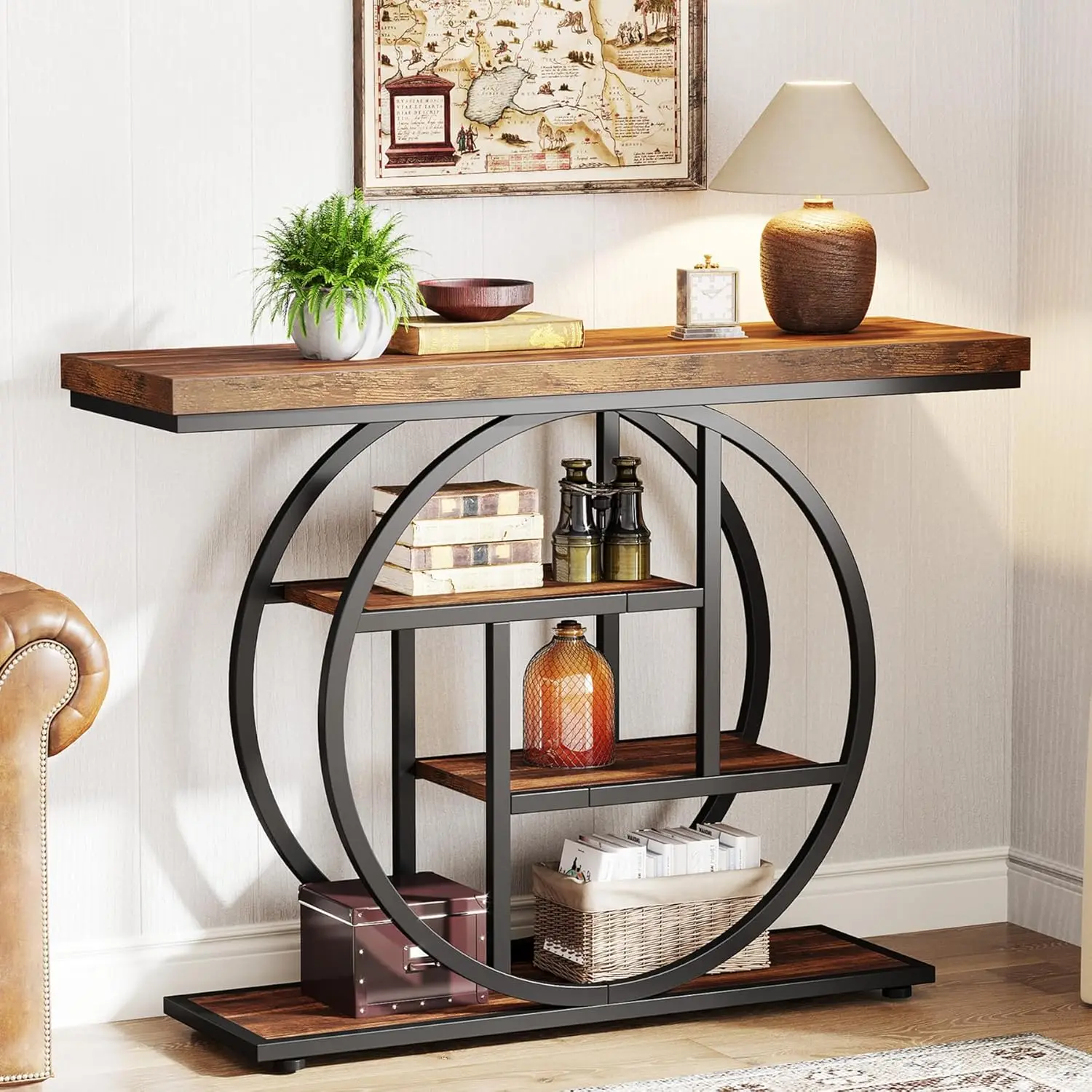 Industrial 4-Tier Sofa Table Entryway Table with Circle Base, Narrow Wood Accent Tables with Storage Shelves for Living Room, Ha