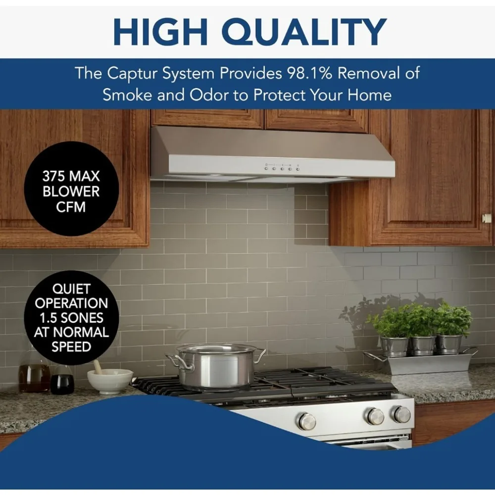 

30 Inch Range Hood with LED Lights ADA Capable, 1.5 Sones, 375 Max Blower CFM, Stainless Steel