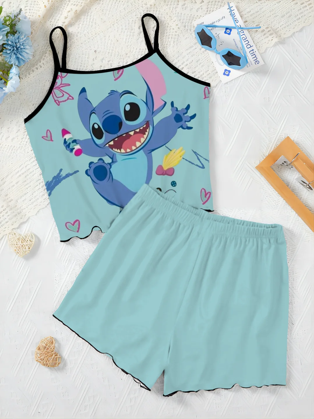 Elegant Women's Sets Stitch Lettuce Trim T-shirt Disney Home Dress Pajama Skirt Top Pieces Short 2-piece Suit Disney Slip Dress