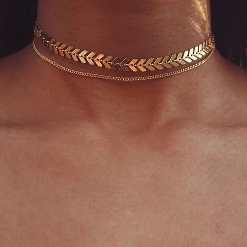 Punk Fishbone Airplane Necklace Gothic Choker Necklace Women Flat Chain Chocker On Neck Jewelry Two Layers Necklaces Collares