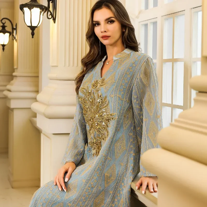 Muslim Middle East Women\'s Robe Standing Neck Line Embroidery Sequins Banquet Dress Temperament Elegant Female Trendy Long Robes