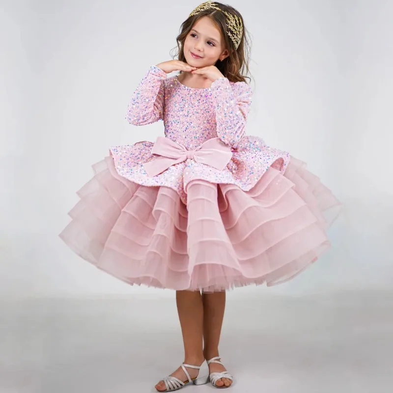 Children Red Long Sleeve Ball Gown Party DressCostume Fashion Show Host New for Piano PerformanceKids Princess Elegant Dress