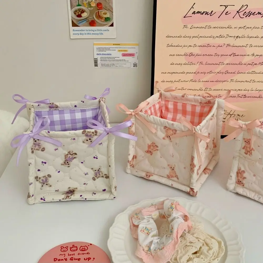 Cute Quilting Cotton Storage Box Square High-capacity Organizer Box Cartoon Bear Pattern Storage Frame Home Decoration