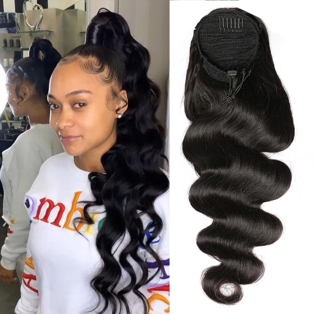 الجسم موجة الرباط ذيل حصان ملحقات 100% شعر الإنسان ذيل حصان ملحقات كليب في شعر مستعار بشري 10-32 "للنساء #1