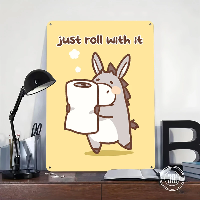 Cute Donkey Holding Toilet Paper Printed Poster Customized Wall Art Retro Vintage Metal Tin Signs for Home Decoration Luxury