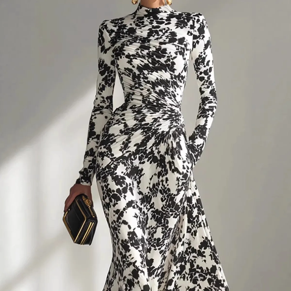 High Waist Long Sleeve Dress with Full Skirt Casual Fitted Silhouette Asymmetrical Hem Maxi Length Winter Women Casual Dresses