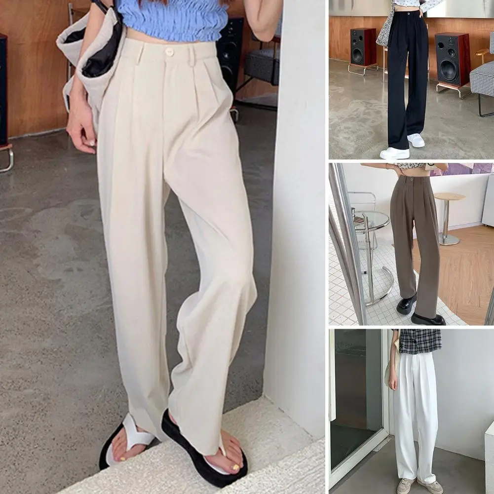 

Women Suit Pants Button Zipper Fly High Waist Long Trousers Solid Color Straight Wide Leg Office Lady Pants