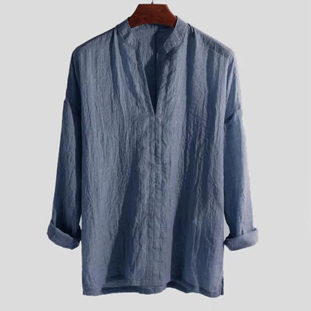 Mens Chinese Style Solid Loose V-Neck Long Sleeve Pullover Tops Hombre Breathable Comfy Casual Shirt Top Cotton Linen