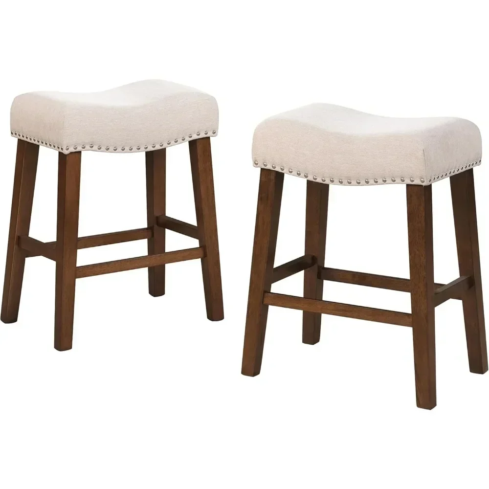 

24" Counter Height Bar Stools - Modern Backless Kitchen Island Saddle Barstools Chairs with Footrest, Solid Wood Legs & Nailhead