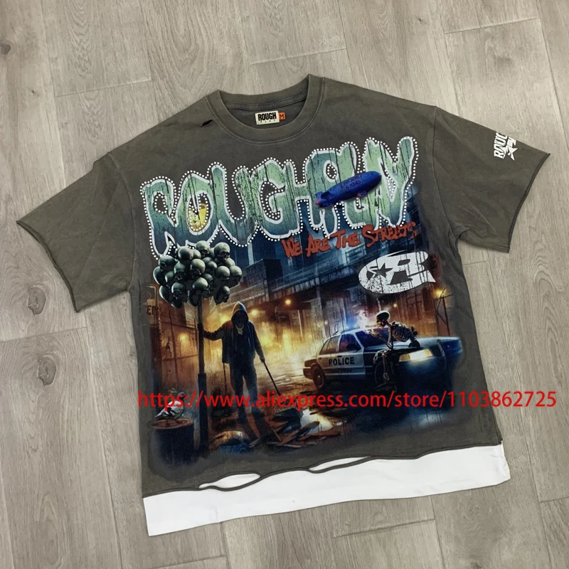 American Streetwear Brand ROUGH PLAY T-shirts Retro Washing Do Old Skull Print Hip-hop Men Women Roguh Play Shining Diamond Tee