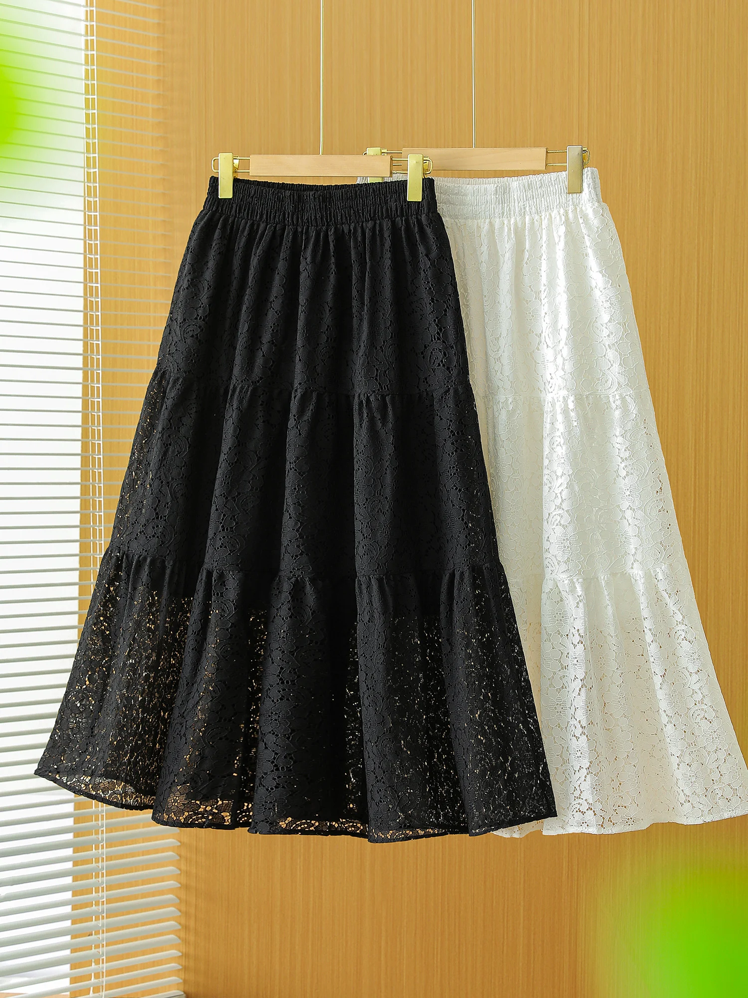 

Gentle Breeze Hollow out Lace Embroidery f Skirt High Waist A-Line Summer Women's Color Elastic Waist Skirt