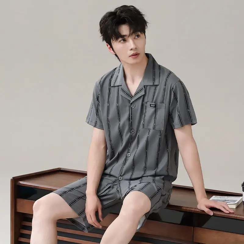 

Men's Summer Casual Cardigan Sleepwear Set Short Sleeve Loose Fit Two Piece Loungewear Outfit Homewear Breathable Soft Fabric