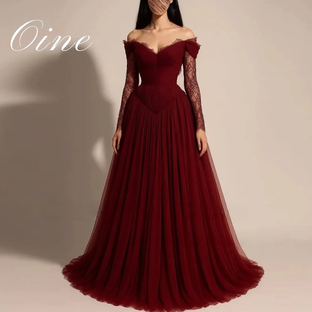 Oine Burgunderrote Spitze Lange Abendkleider Schulterfrei A-Linie Formelle Ballkleider Schatz Luxus Dubai Abendkleid Maßgeschneidert