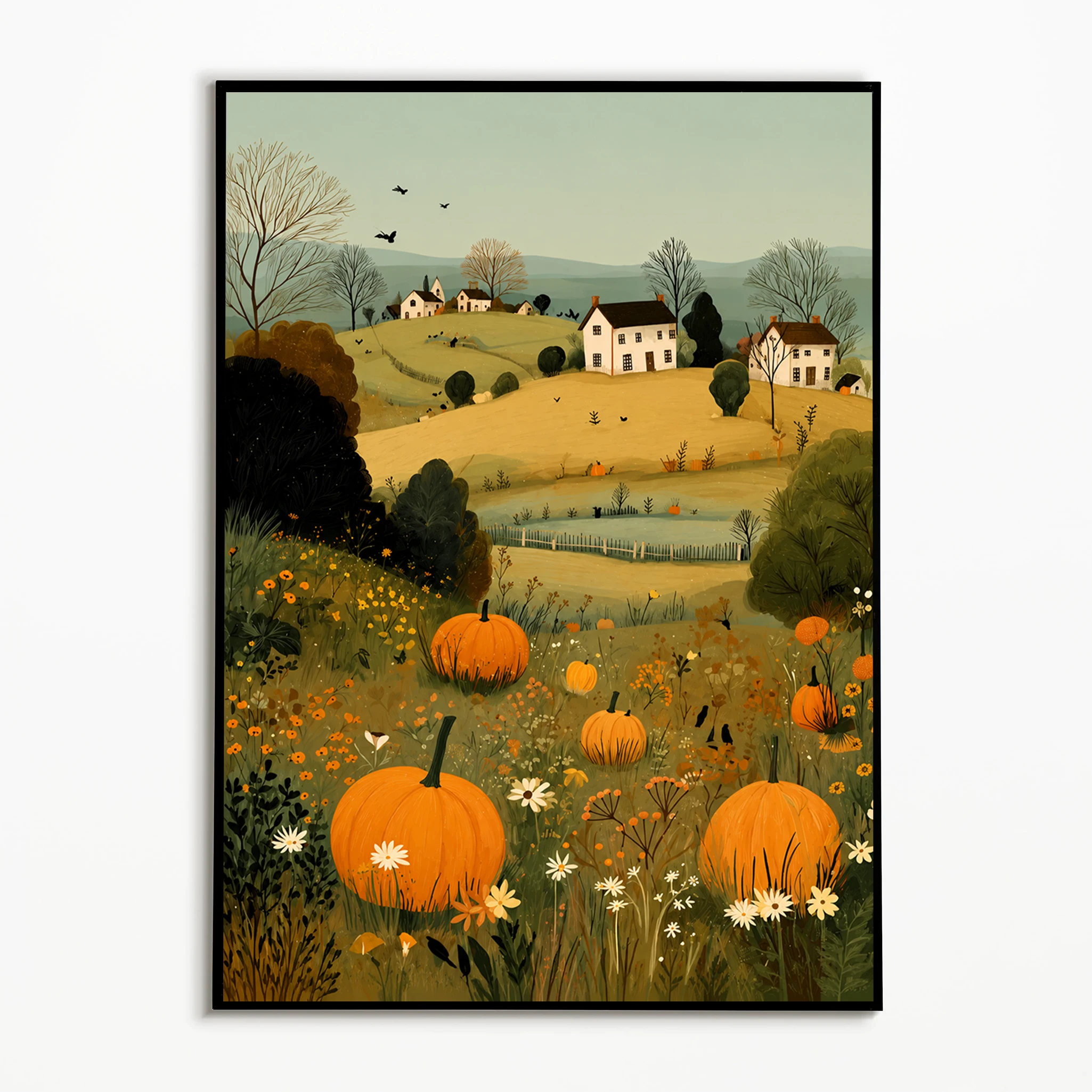 1pc frameless,1PC Autumn Rural Pumpkin Fields Poster Thanksgiving Harvest Wall Art  Halloween Town Street Scene Canvas Printing