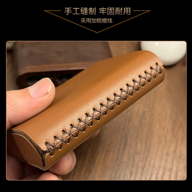 Handsewn Cowhide Brass Cigarette Case Slide Cover 20 Thick Classic Men\'s Pressure Moisture Proof Cigarette Case Brown Simple Pre