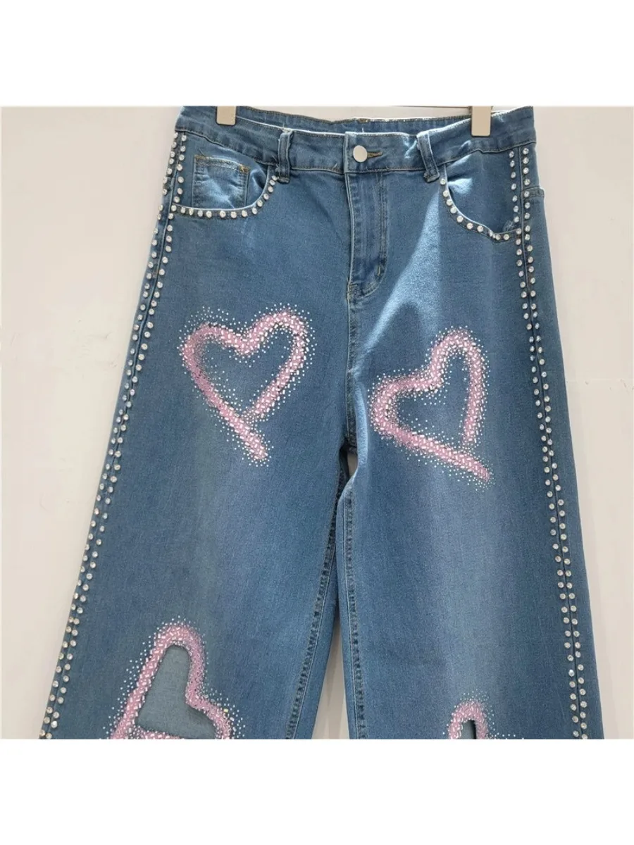 GALCAUR Blue Spliced Hollow Out Diamond Jeans Female High Waist Loose American Retro Women's Wide Leg Pants Summer New Fashion