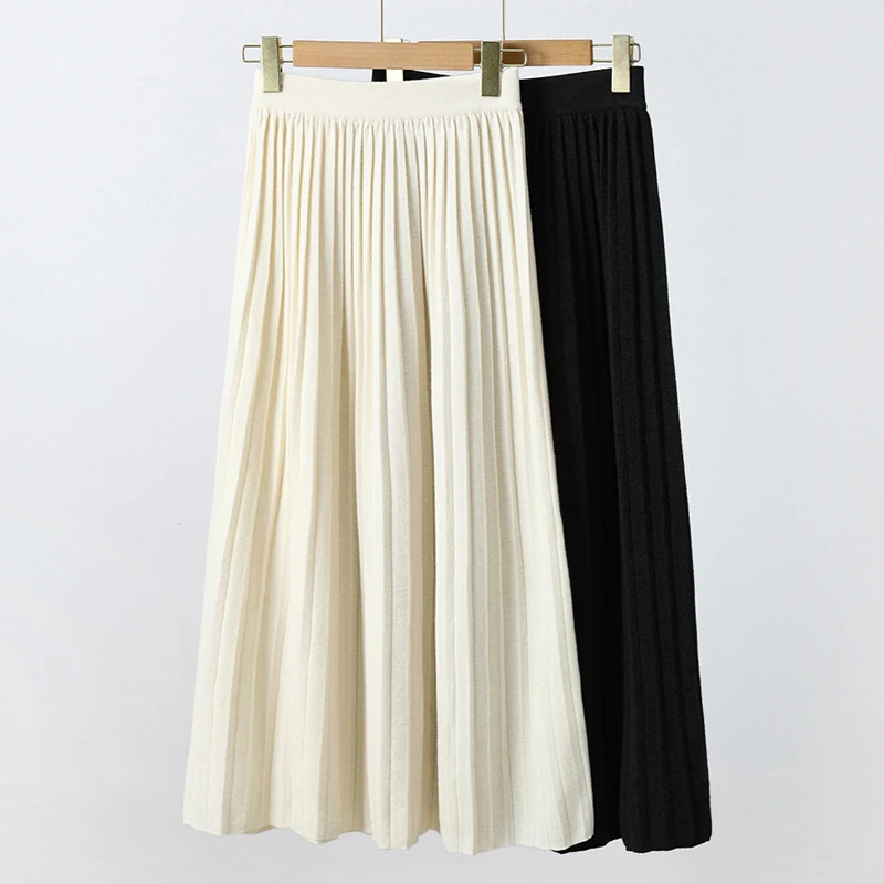 

Женская трикотажная юбка трапециевидной формы из 100% шерсти, осень-зима 202, корейские эластичные женские плиссированные юбки средней длины с высокой талией из чистой шерсти