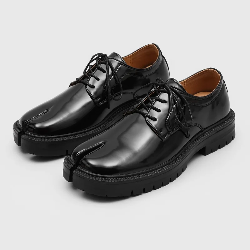 English-style Men Split-toe Derby Shoes Black Color Lace-up Thick Sole Anti-slip Business Casual Leather Shoes Sizes 38-46