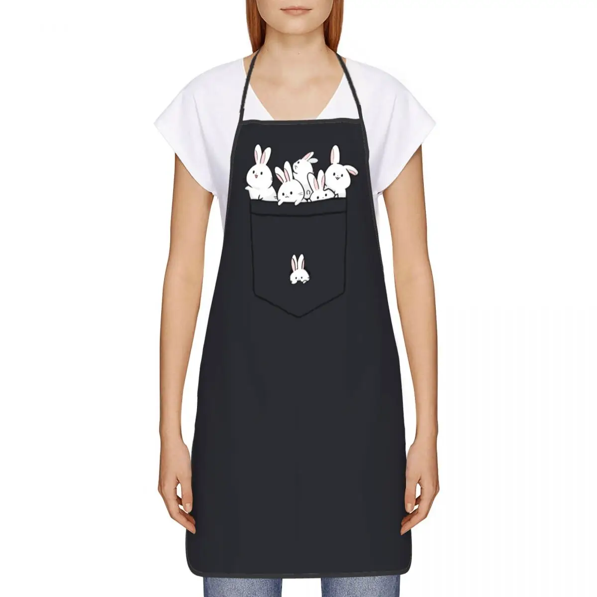 Rabbit In Pocket Apron for Women Men Unisex Bib Cute Bunny Kitchen Cooking Tablier Cuisine Chef Painting