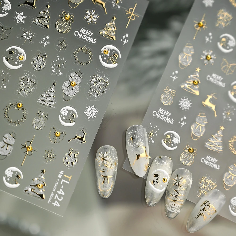 

Gold Stamped White Christmas Tree Snowflake Elk Bowknot Snow Ball Star 3D Self Adhesive Nail Art Stickers Xmas Manicure Decals