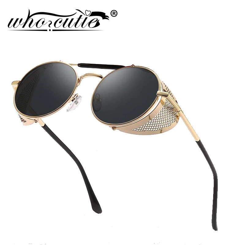 WHO CUTIE 2018 Round Steampunk Goggles Sunglasses Men Brand Designer Vintage Retro Circle Metal Iron Man Punk Sun Glasses OM143