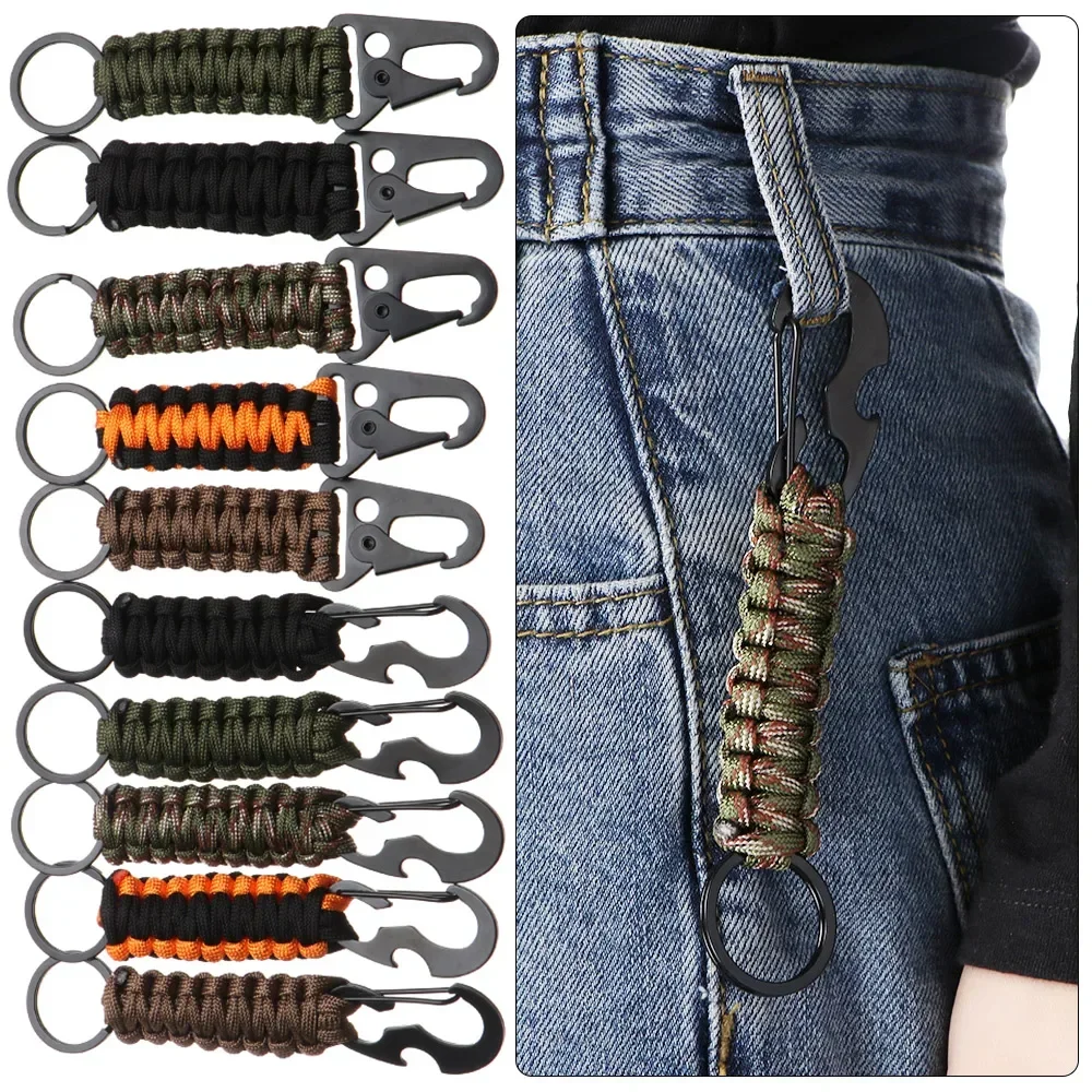 

Camping Keychain Ring Outdoor Carabiner Military Paracord Cord Rope Hiking Survival Kit Emergency Knot Bottle Opener Tools
