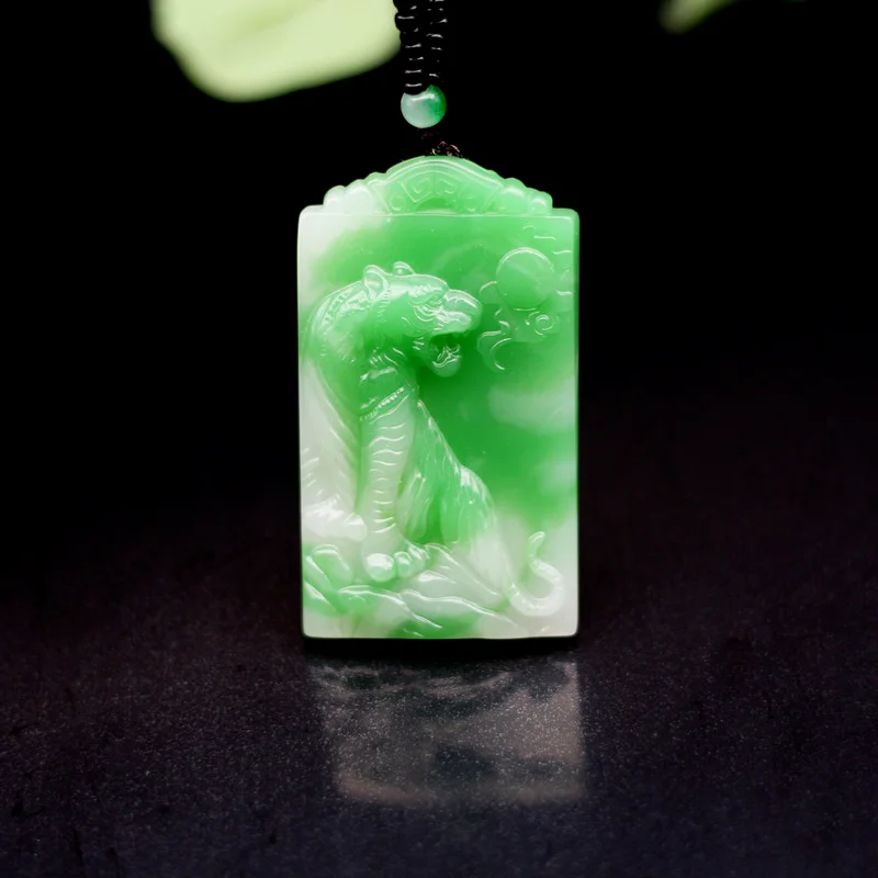 Zodiac Tiger Green White Jade Pendant Necklace Chinese Hand-Carved Fashion Charm Jewelry Accessories Amulet Gifts for Women Men