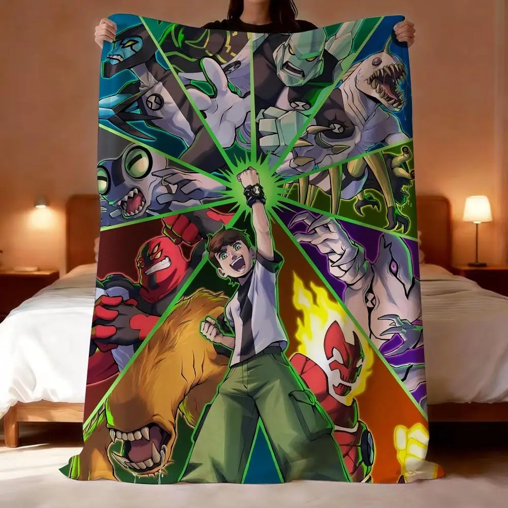 Cartoon B-Ben 10 Alien Force Throw Lightweight 240g Flannel Blanket Soft Skin-friendly for Summer Cooling
