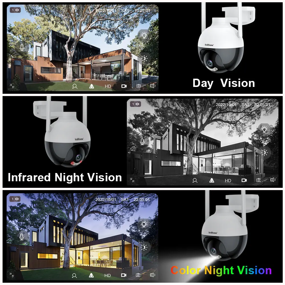 Srihome SH045 Outdoor Wifi Camera Surveillance Night Vision Full Color Ai Human Tracking 3X Digital Zoom Video Security Monitor