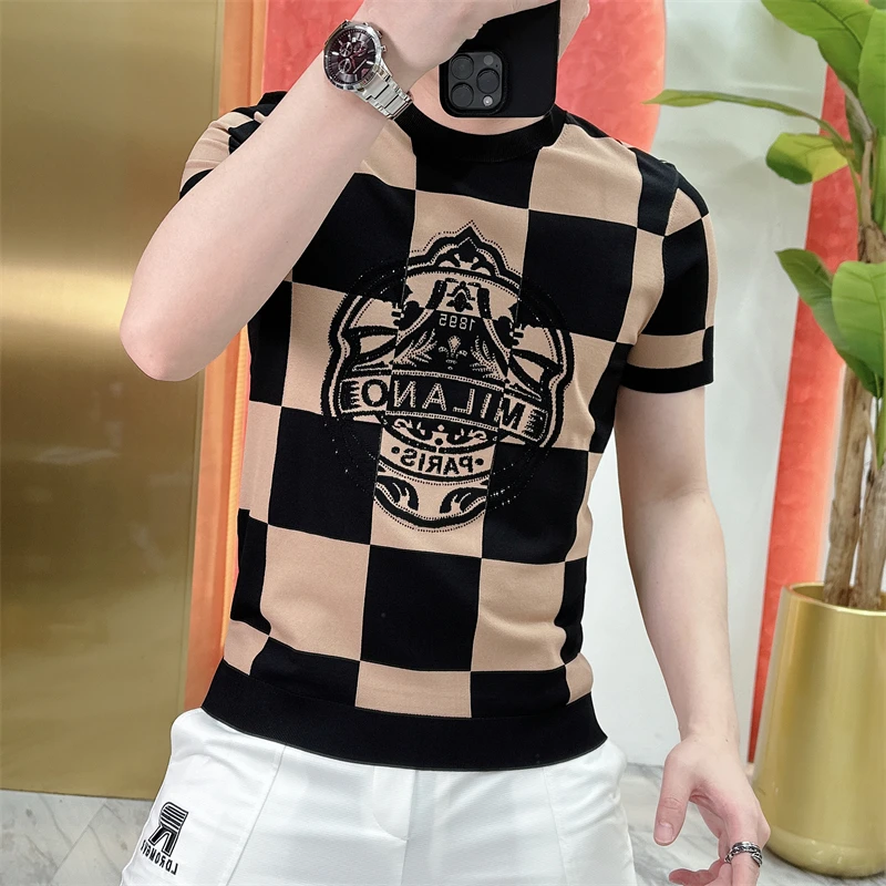 2023 High Quality Plaid Knitted T-shirt Short Sleeve Slim Fit Casual Tshirts Ice Silk Breathable Business Social Crew Neck Tees