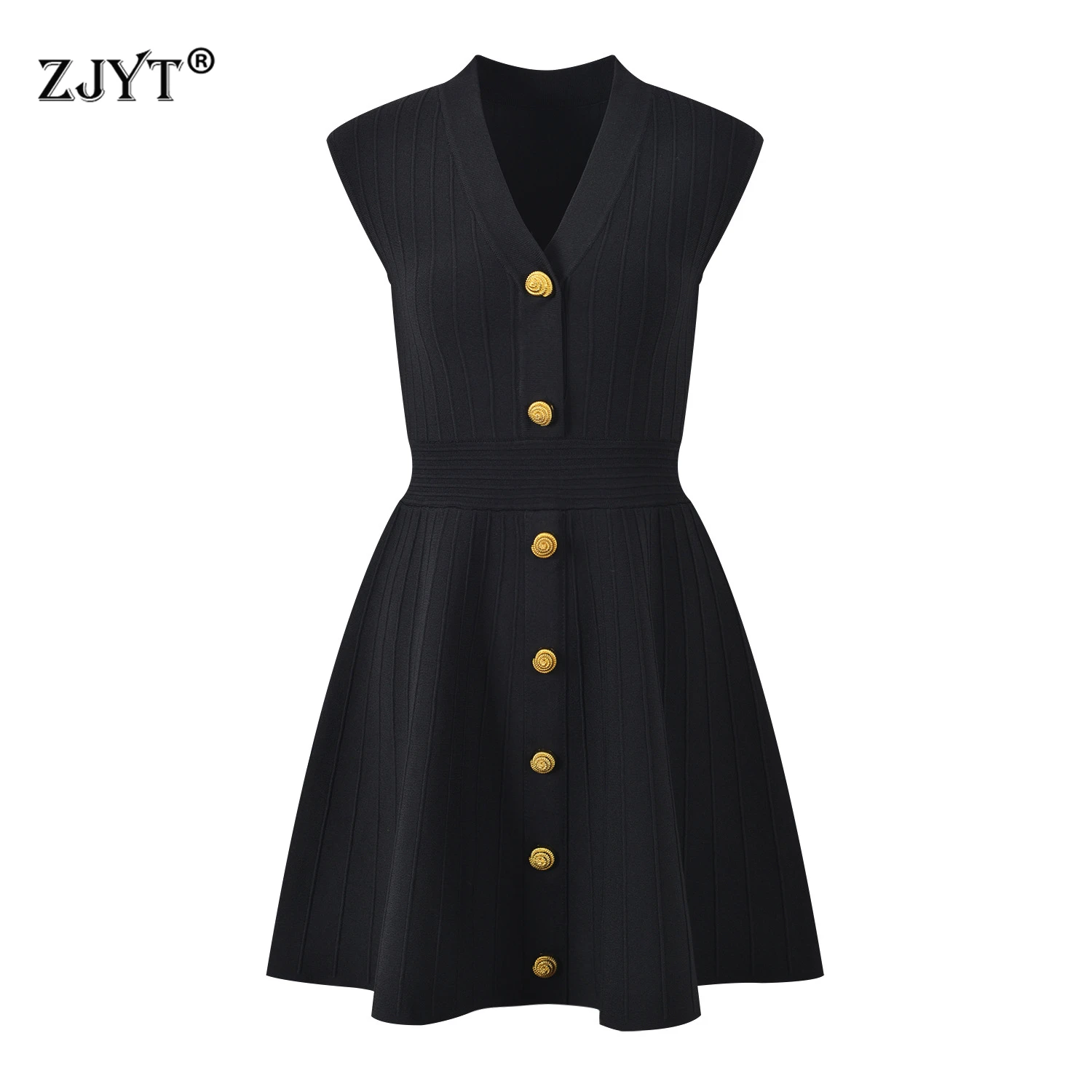 

ZJYT Elegant Summer V Neck Knitting Sweater Dresses for Women 2025 Fashion Sleeveless Buttons Simple Casual Mini Dress Khaki
