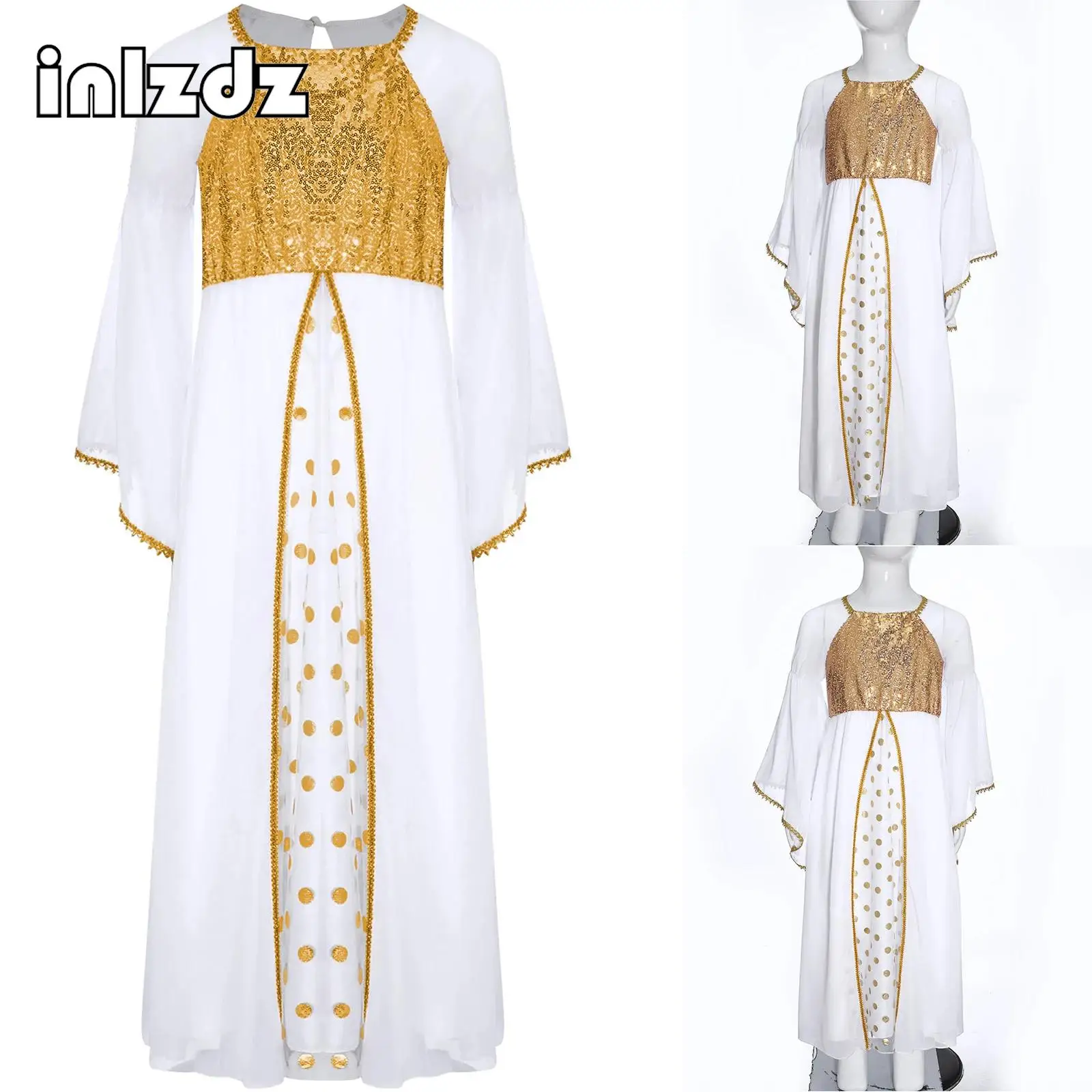 

Girl Angel Dress Halloween Cosplay Party Costume Sequins Gold Webbing Long Gown Elbow Elastic Band Flare Sleeve Flowy Long Dress