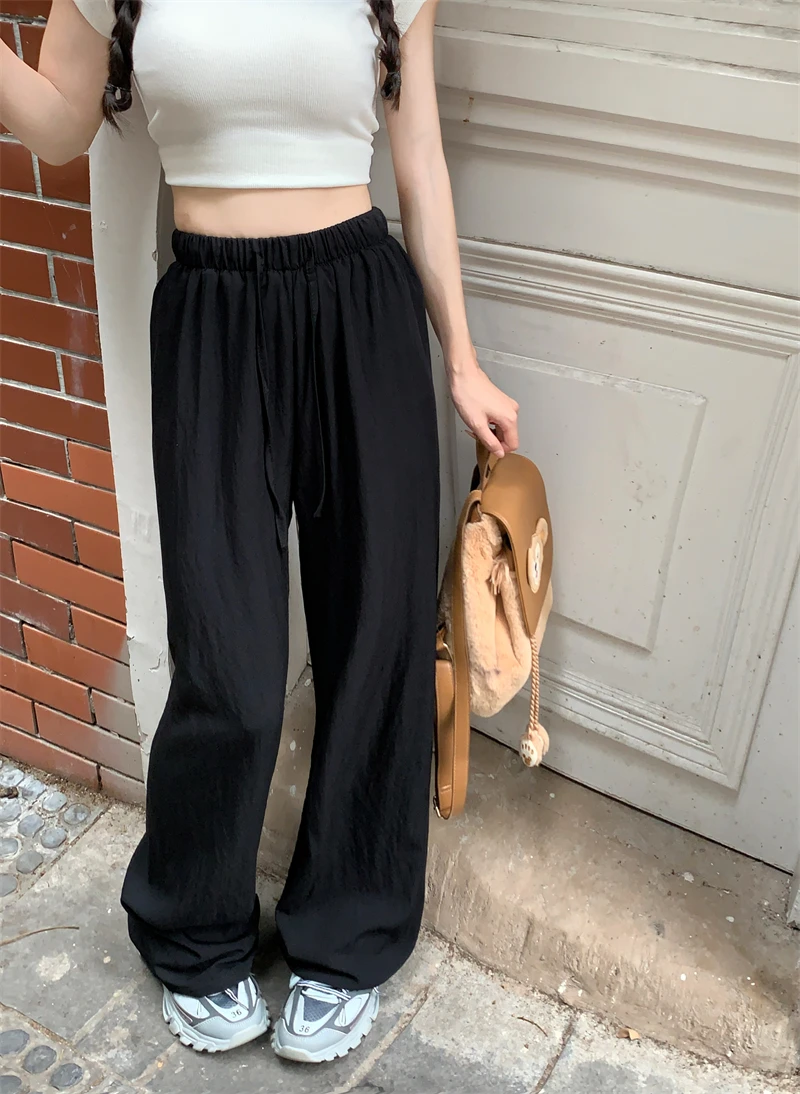 2024 Summer New Vertical Loose Casual Wide Leg Pants High Waist Draw Rope Straight Pants Women