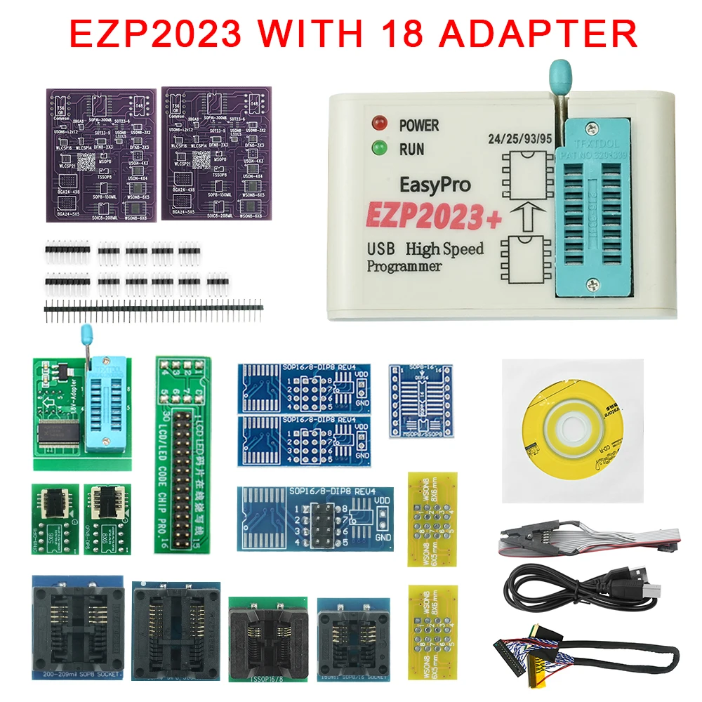 Original EZP2023 USB SPI Programmer + 12/15/18 Adapters Support 24 25 93 95 EEPROM Flash Bios for Windows Ch554T Chip with SMD