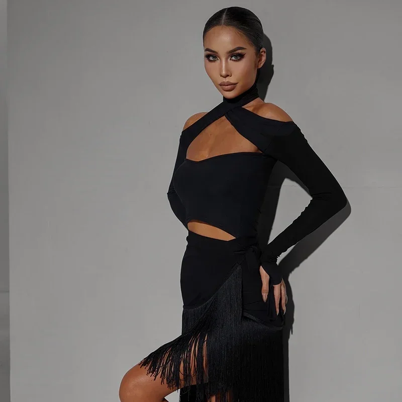 Black Latin Dance Costume For Women Long Sleeves Tops Tassel Skirt Cha Cha Rumba Dance Dress Adult Practice Clothing DNV17443