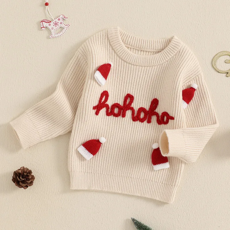 RUEWEY 0 to 3 Years Christmas Baby Girl Boy Sweater Casual Letter Embroidery Santa Hat Warm Knitted Pullover Infant