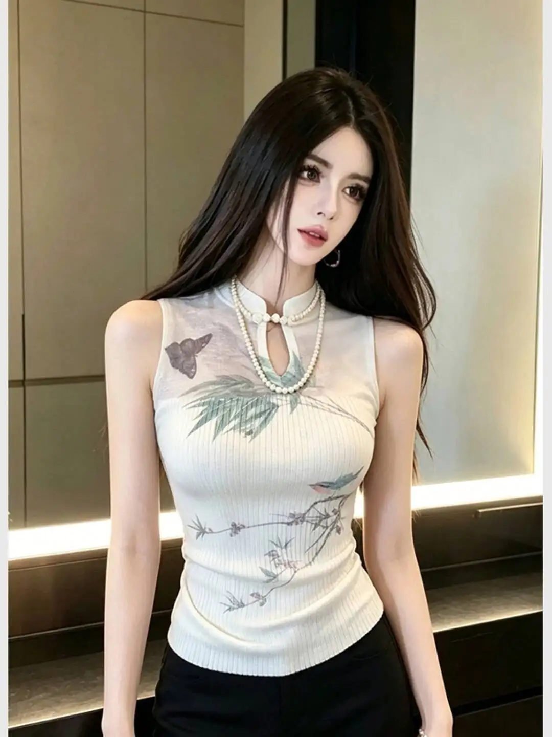 2026 Summer New Chinese Style Elegant White Printed Sleeveless Top Luxury Niche Slim Fit Chic Ladies Casual Blouse