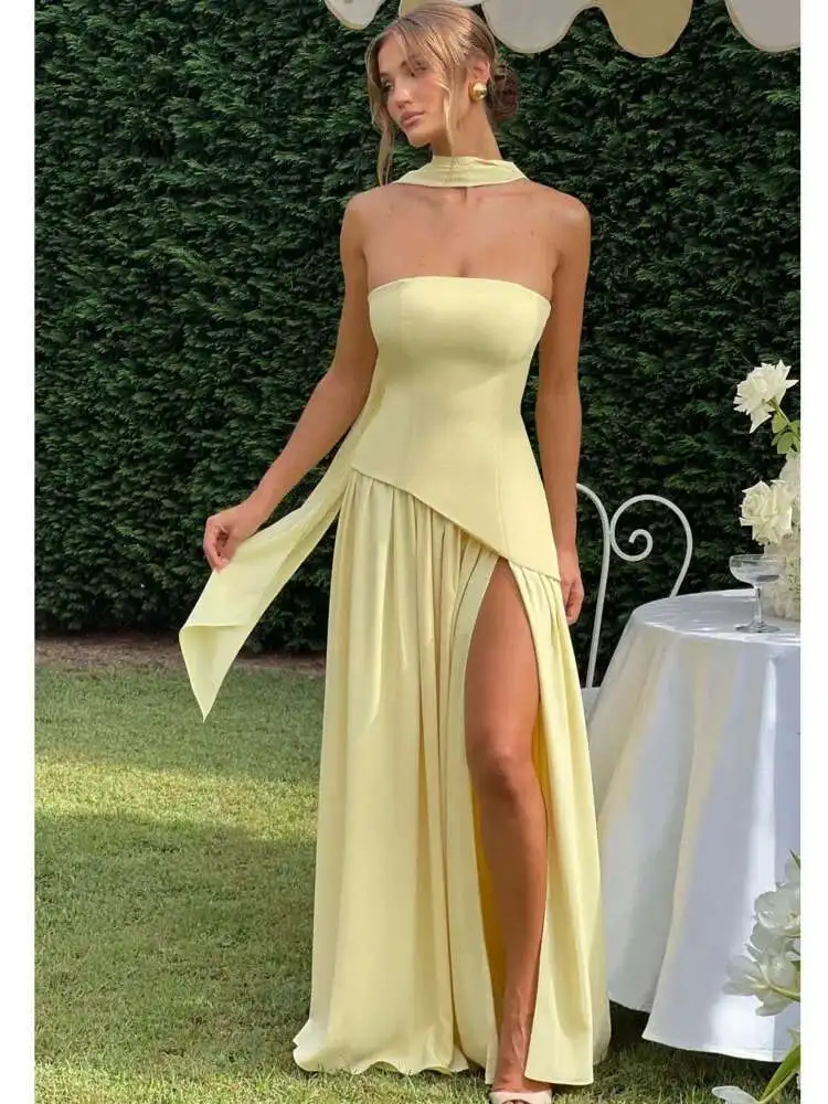 Articat élégant bretelles serré plissé fente fête robe de soirée femmes Sexy sans manches dos nu écharpe ruban été nouveau Vestido