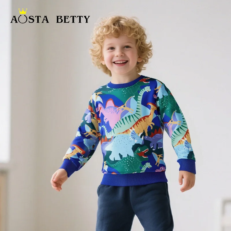 

Spring & Autumn Euro-American Style Boys' Sweatshirt - Dinosaur Print Crew Neck Sports Top for Toddler & Little Kid