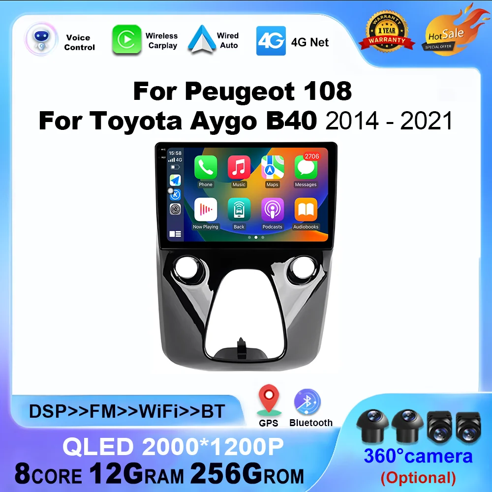 

Для Peugeot 108 для Toyota Aygo B40 2014-2021 Android 14 GPS-навигация без 2din Автомобильный радиоприемник Мультимедийный видеоплеер 4G Авторадио