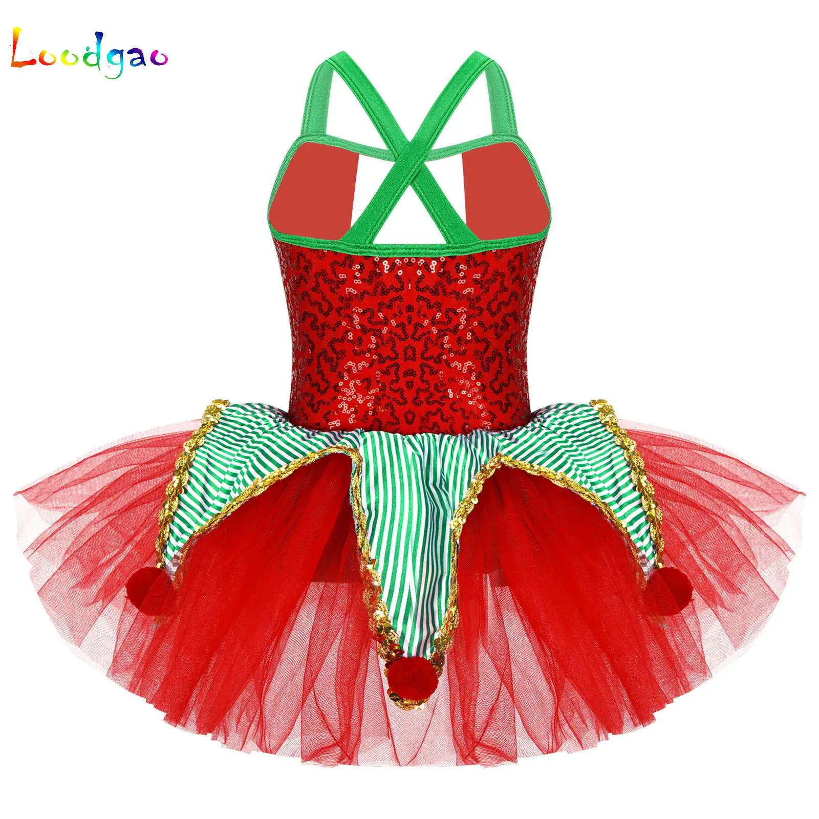 Girls Candy Cane Christmas Tutu Dress Spaghetti Straps Plush Balls Tulle Skirt Kids Fancy Xmas Party Ballet Performance Costume