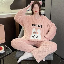 Plus Size Autumn/Winter Warm 2 Piece Sets Women Cartoon Thicken Velvet Pajama Sets Ribbed Fleece Pullover and Pants Home Clothes