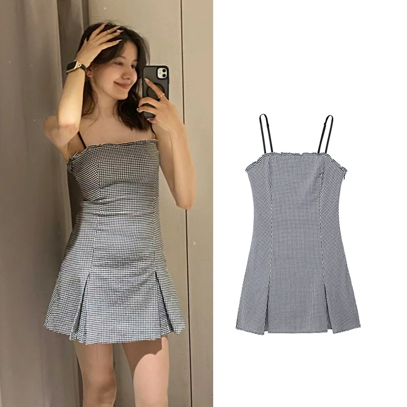 Dresses Summer Women\'s 2024 New Chic Plaid Slim Tube Top Elegant Holiday Dress Youth Fashion Street Mini Party Student Dress