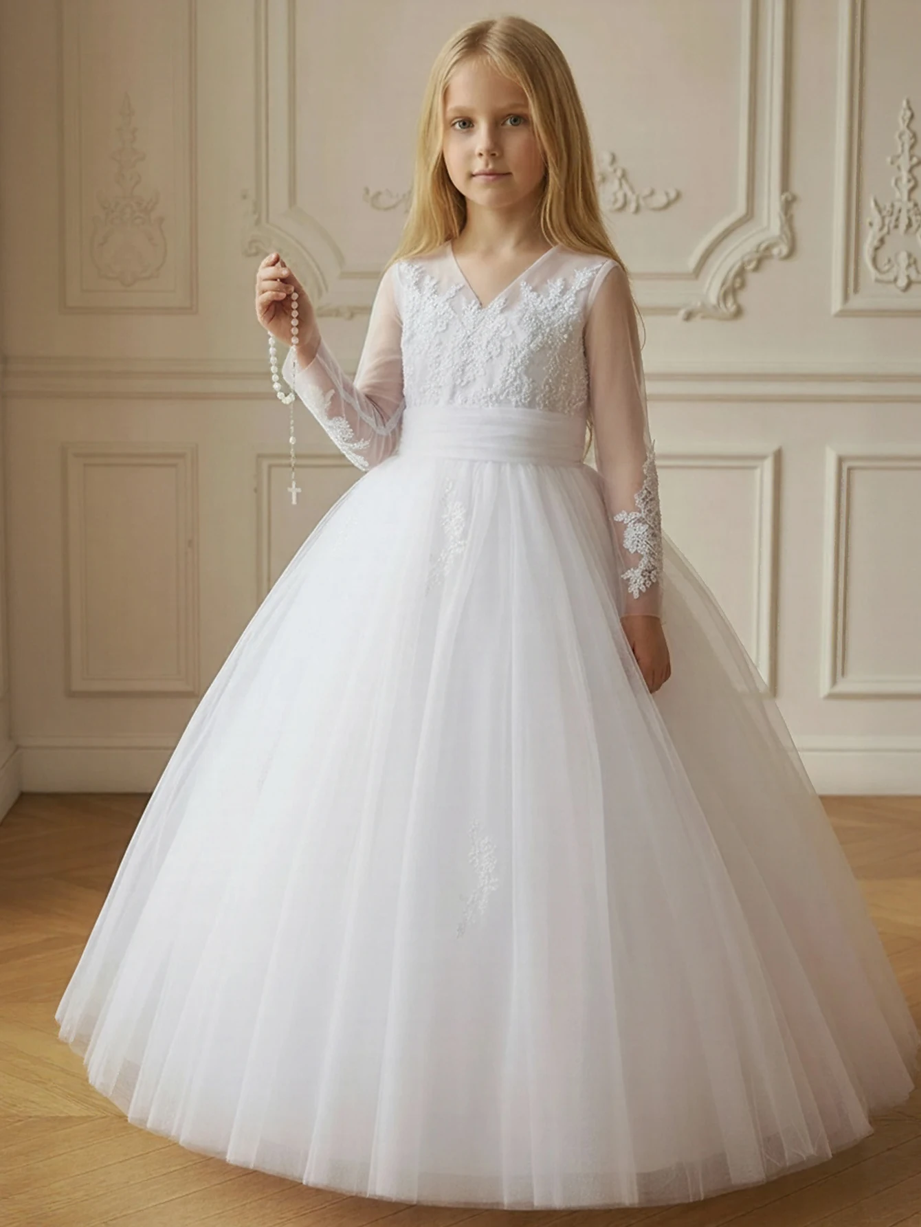 Girls White Lace Princess Dress Long Sleeve V-Neck Tulle Maxi Gown Flower Girl Wedding & Performance Dress