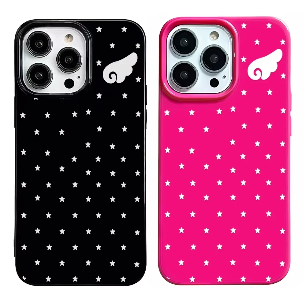 Coque de téléphone de luxe Y2K motif étoile blanche et ailes d'ange pour iPhone 18 17 Air 16 15 14 Plus 13 12 11 Pro XR XS Max, film brillant en PC rigide